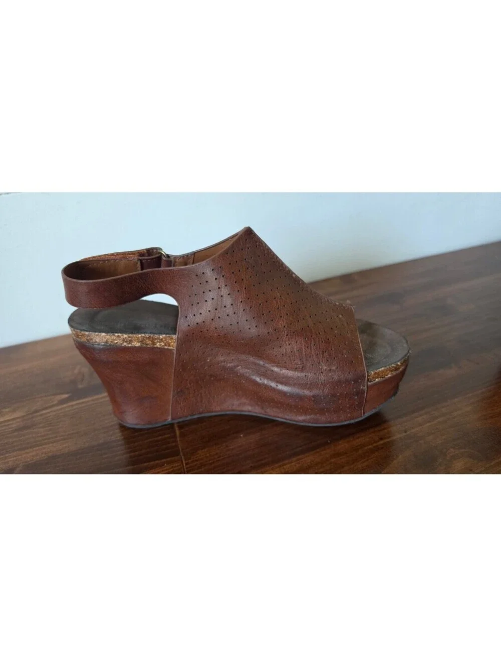 Pierre Dumas Hester Brown Perforated Leather Platform Wedge Sandals Sz 8,  #119